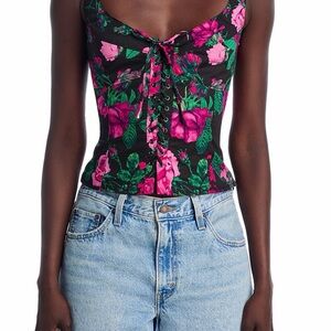 Aqua Floral Lace-Up Corset Top